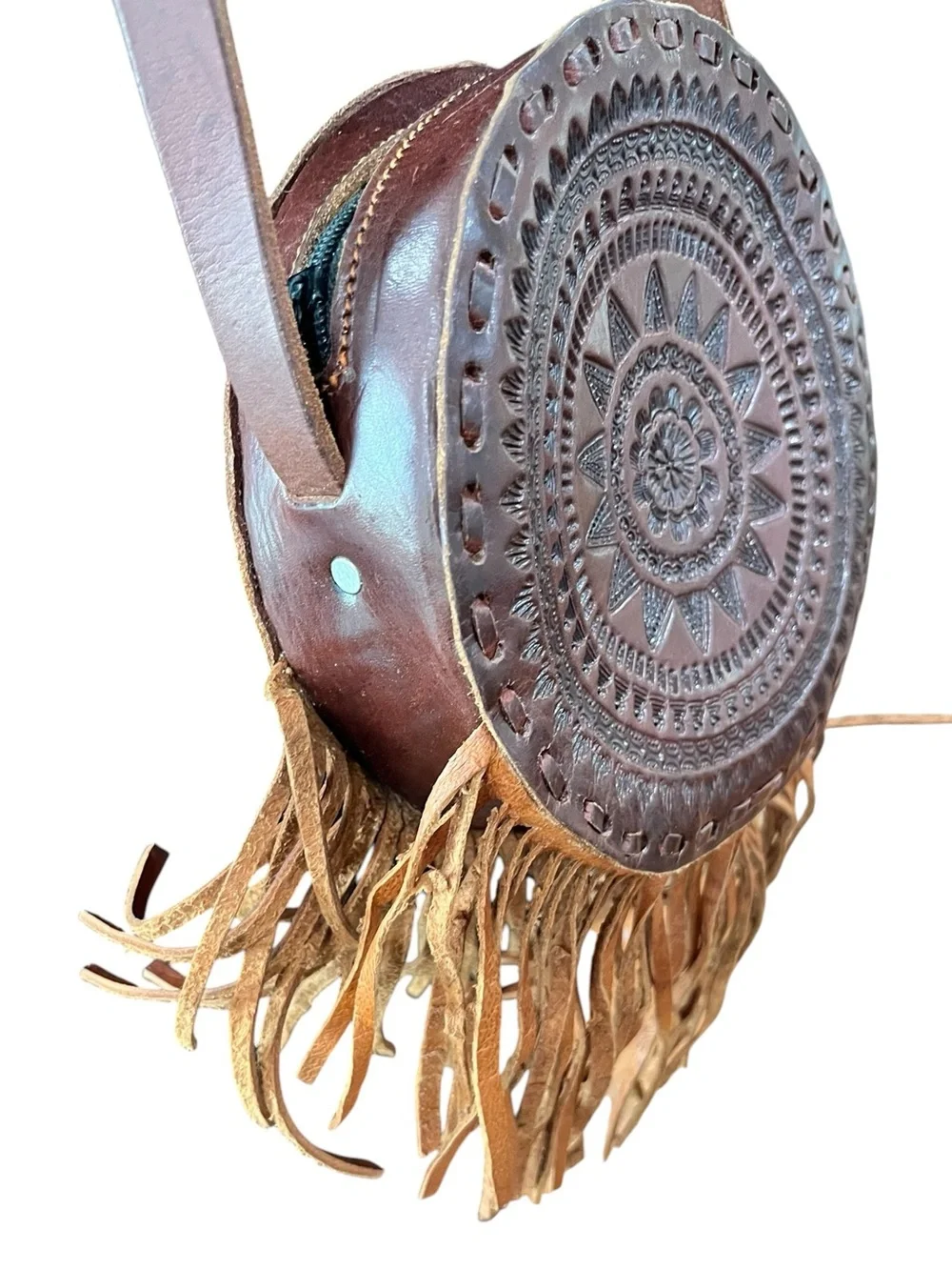Hand tooled canteen round leather fringe bohemian style crossbody bag